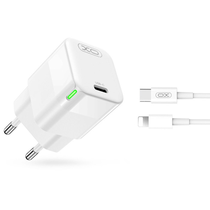 Мережевий зарядний пристрій XO CE06 PD 30W GaN + Lightning кабель білий