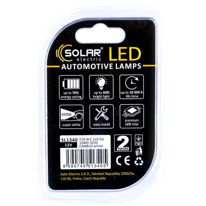Автолампа Solar LED 12V T10 W2.1x9.5d 1SMD white, 2шт SL1340
