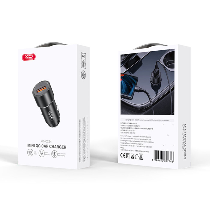 Автомобільний зарядний пристрій XO CC54 USB QC3.0 18W чорний