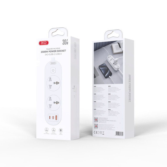Мережевий фільтр XO WL31 30W (2 розетки +1USB-A+2USB-C) з головними вимикачем 1,5м. білий