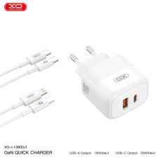 Мережевий зарядний пристрій XO L138 PD30W/QC18W 1USB-A+1USB-C + Type-c кабель білий