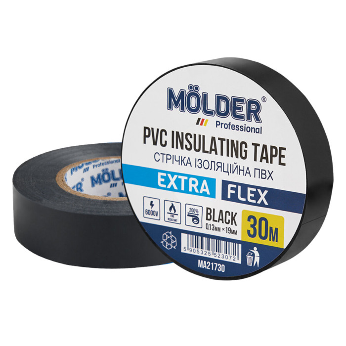 Стрічка ізоляційна ПВХ Molder 0,13x19мм 30м чорна, професійна, вогнетривка