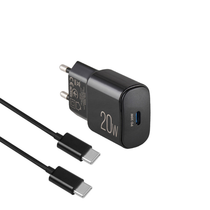 Мережевий зарядний пристрій Brevia ePower PD20W + кабель USB-C to USB-C 1м чорний