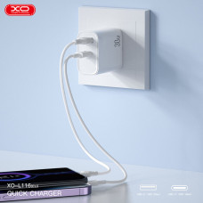 Мережевий зарядний пристрій XO L116 PD30W/QC18W 1USB-C+1USB-A + Lightning кабель білий