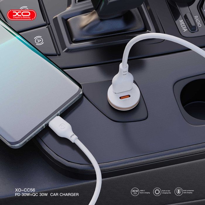 Автомобільний зарядний пристрій XO CC56 Plastic mini 30W+ Type-c кабель білий