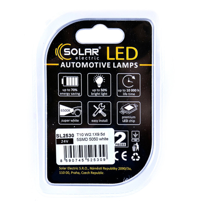 Автолампа Solar LED 24V T10 W2.1x9.5d 5SMD white, 2шт