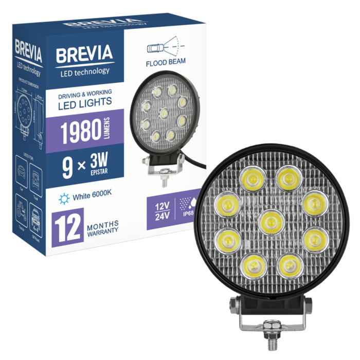Фара світлодіодна Brevia Epistar Flood 10-30V, 27W (9x3W), 1980Lm, 1шт (10641RFX1)