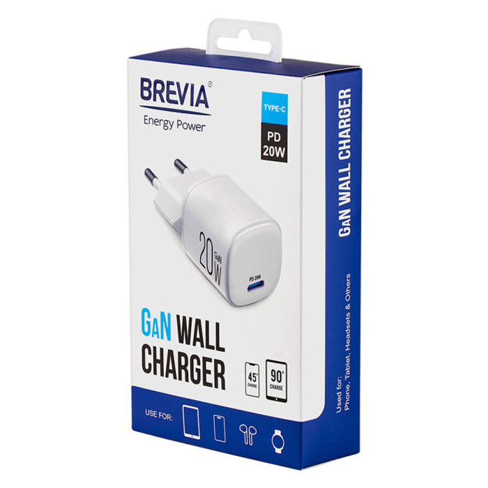 Мережевий зарядний пристрій Brevia ePowerGaN PD20W USB-C білий