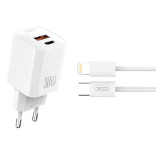 Мережевий зарядний пристрій XO L149 PD30W 1USB-A+1USB-C + Lightning кабель білий