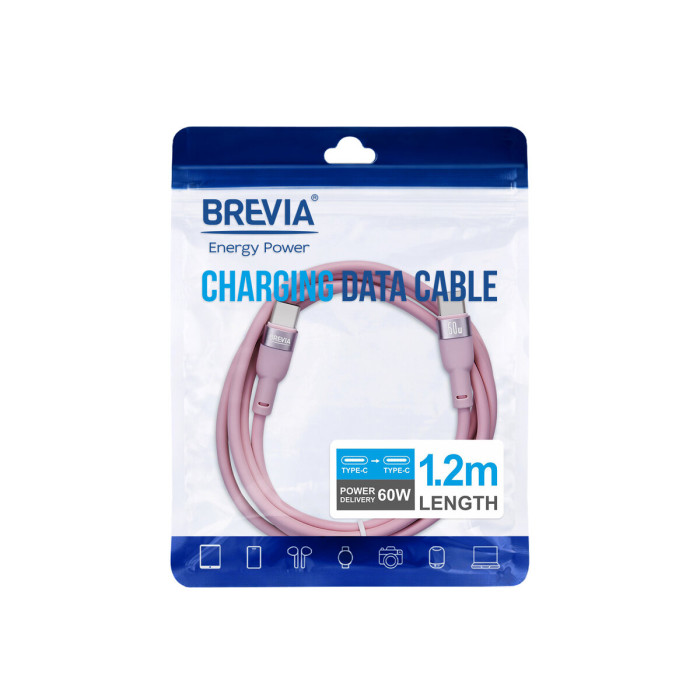Кабель Brevia Type-C to Type-C 60W 1,2м, рожевий ZIP (52120PCCZ1)