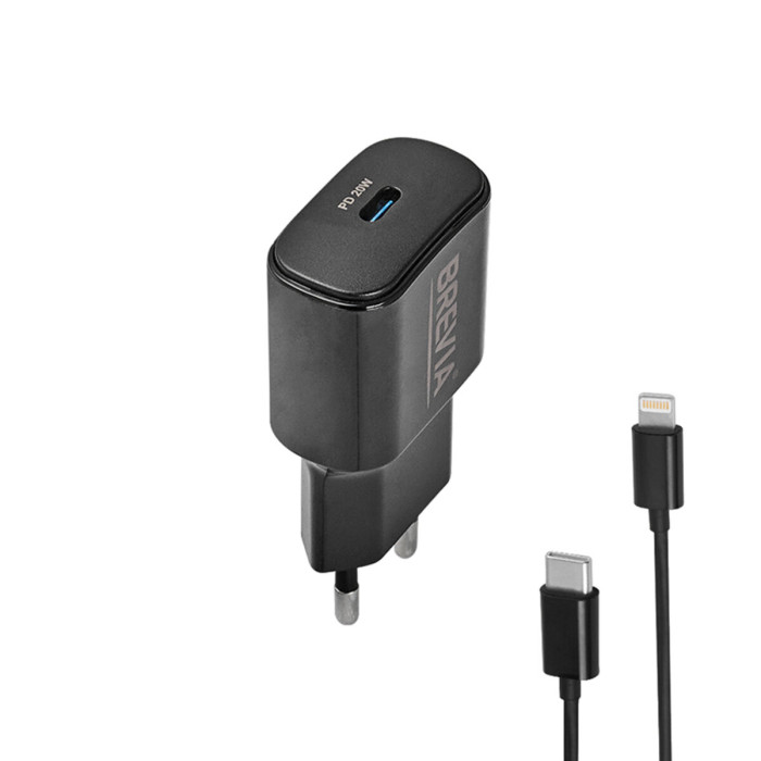 Мережевий зарядний пристрій Brevia ePower PD20W + кабель USB-C to Lightning 1м чорний