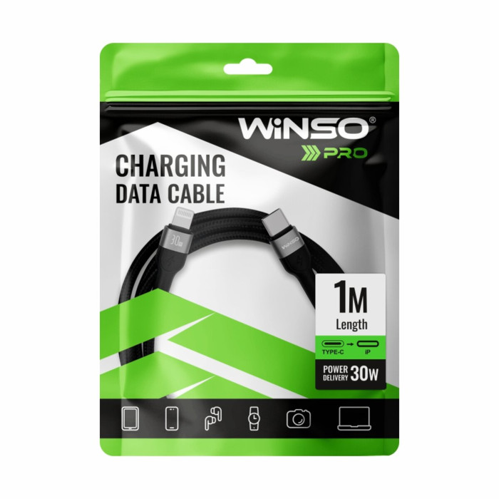 Кабель Winso Pro Type-C to Lightning 30W TPE+плетіння 1м чорний