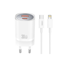 Мережевий зарядний пристрій XO CE21 PD30W/PPS33W 1USB-A+1USB-C + Lightning кабель білий