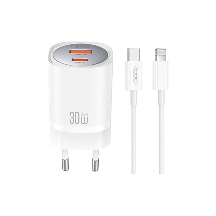 Мережевий зарядний пристрій XO CE21 PD30W/PPS33W 1USB-A+1USB-C + Lightning кабель білий