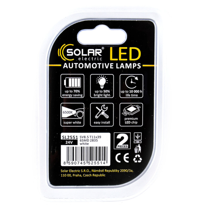 Автолампа Solar LED 24V SV8.5 T11x39 6SMD white, 2шт