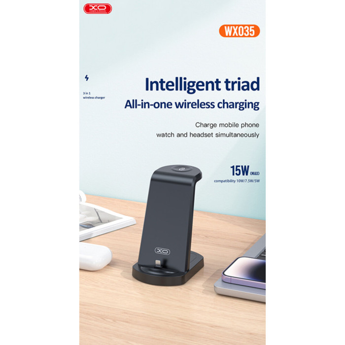 Бездротовий зарядний пристрій XO WX035 3в1 Watch Charger + Lightning + TWS