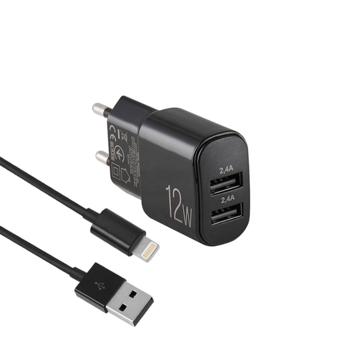 Мережевий зарядний пристрій Brevia ePower 12W 2xUSB-A + кабель USB-A to Lightning 1м чорний