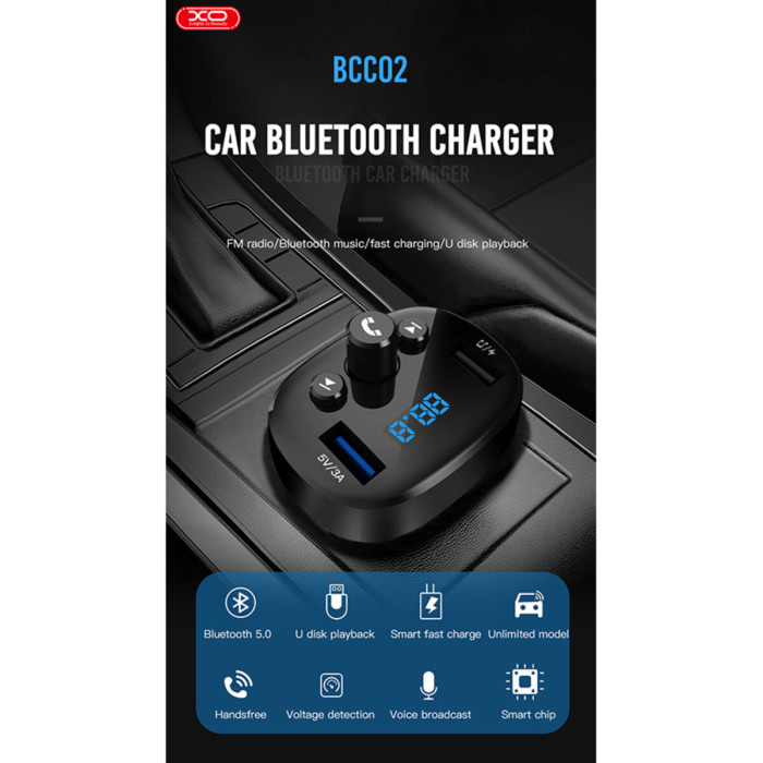 FM-трансмітер XO BCC02 Bluetooth+FM+USB Charging чорний