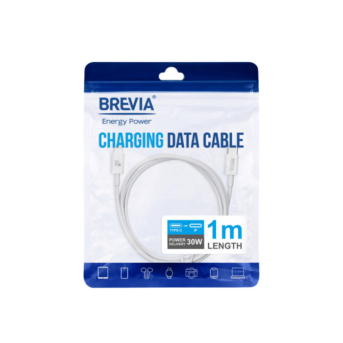 Кабель Brevia Type-C to Lightning 30W 1м, білий ZIP (55100WCLZ1)