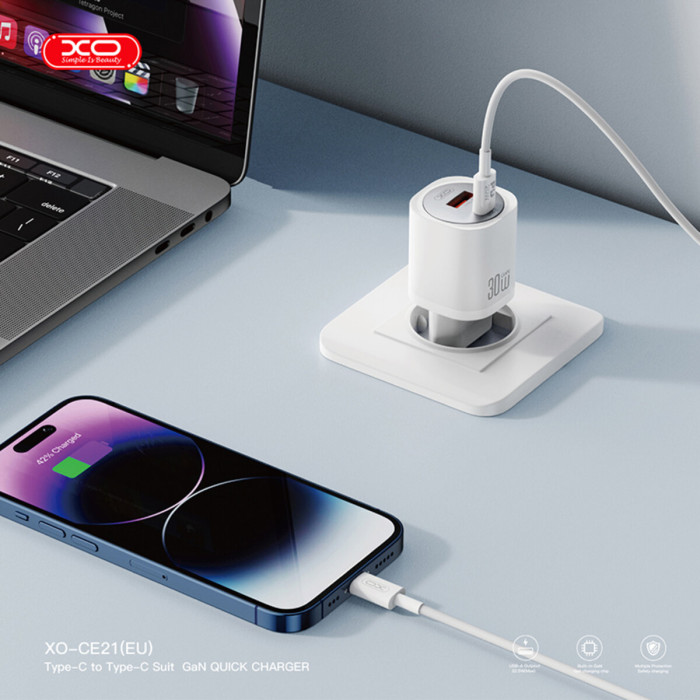 Мережевий зарядний пристрій XO CE21 PD30W/PPS33W 1USB-A+1USB-C білий