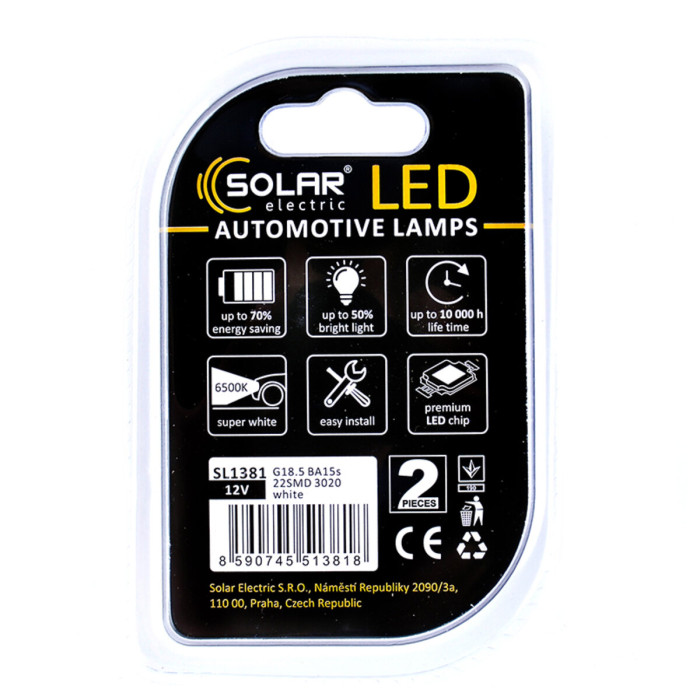 Автолампа Solar LED 12V G18.5 BA15s 22SMD white, 2шт