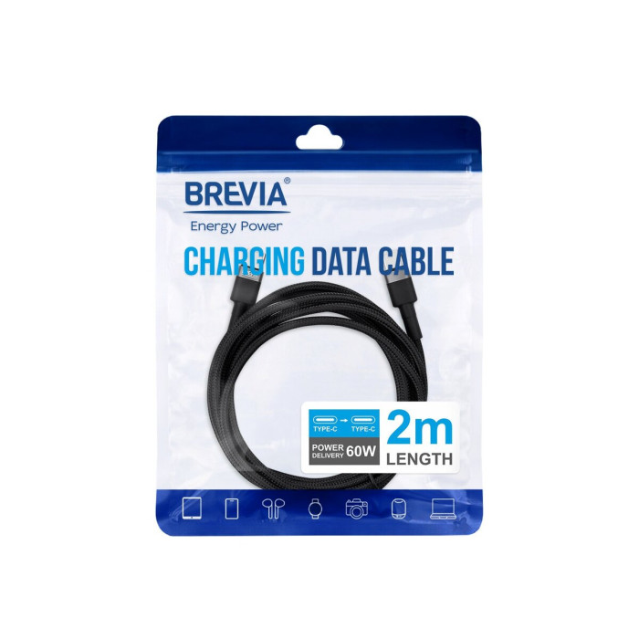 Кабель Brevia Type-C to Type-C 60W 2м, чорний ZIP (53200BCCZ1)