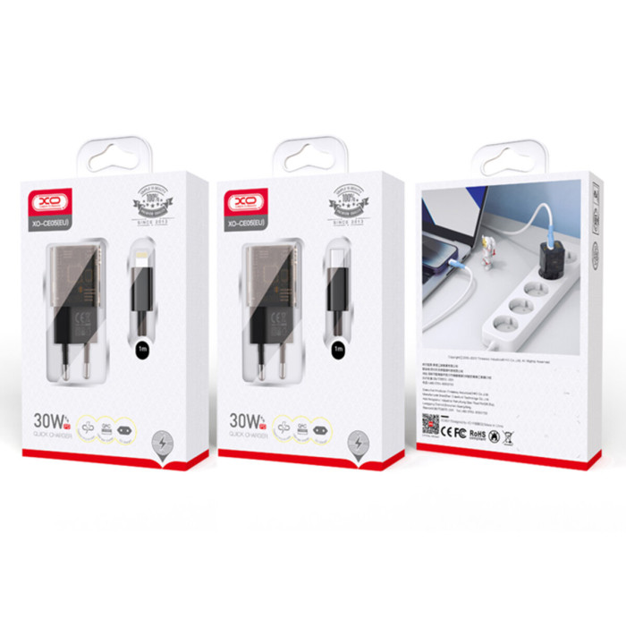 Мережевий зарядний пристрій XO CE05 Gan PD30W+QC3.0 18W+ Lighting кабель коричневий