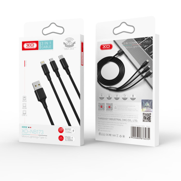 Кабель XO 3in1 USB - Lightning + MicroUSB + Type-C 1.2м, чорний
