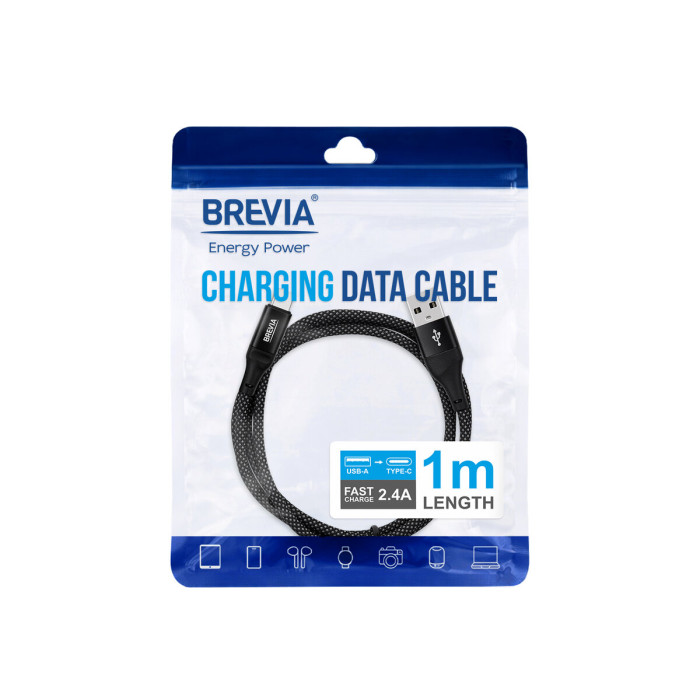 Кабель Brevia USB to Type-C 2,4А 1м, чорний ZIP (56100BUCZ1)