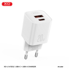 Мережевий зарядний пристрій XO L147 PD20W 1USB-A+1USB-C + Lightning cable білий