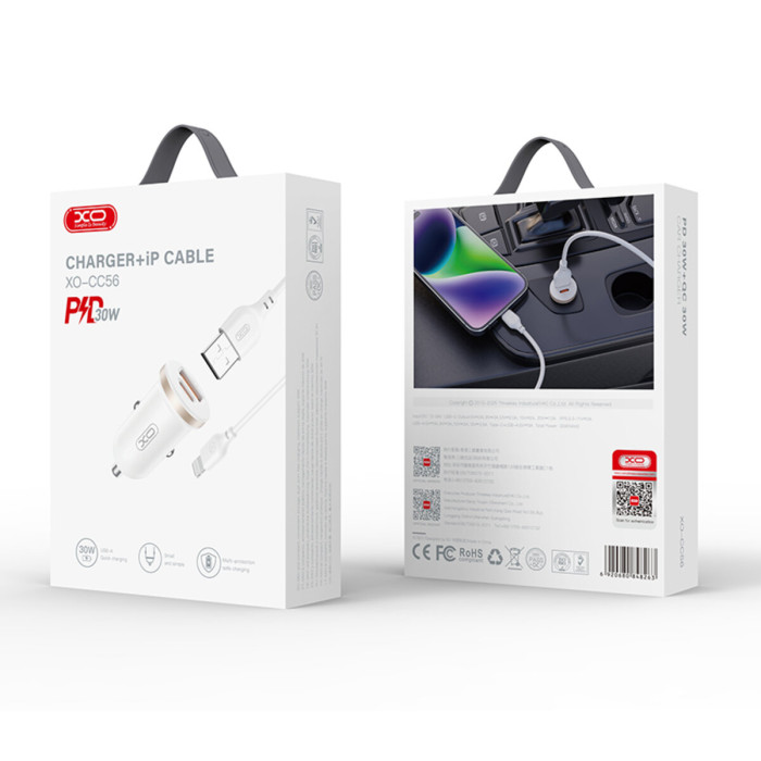 Автомобільний зарядний пристрій XO CC56 Plastic mini 30W+ Lightning кабель білий