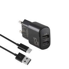 Мережевий зарядний пристрій Brevia ePower 12W 2xUSB-A + кабель USB-A to USB-C 1м чорний