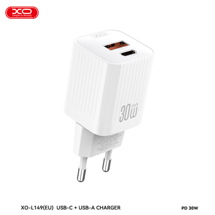 Мережевий зарядний пристрій XO L149 PD30W 1USB-A+1USB-C + Type-C кабель білий