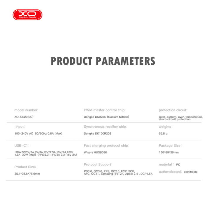 Мережевий зарядний пристрій XO CE20 PD30W/PPS33W 1USB-C + Type-C кабель білий