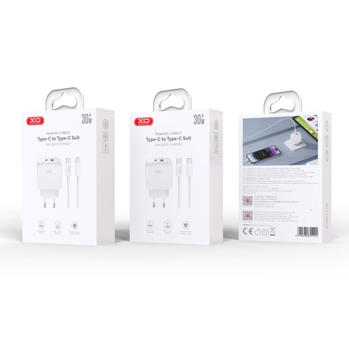 Мережевий зарядний пристрій XO L139 1USB-A 45W+2USB-C 65W + Type-c кабель білий