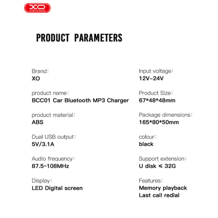 FM-трансмітер XO BCC01 Bluetooth+FM+MP3 чорний