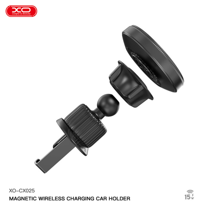 Тримач телефону автомобільний XO з бездротовою зарядкою CX025 Magnetic Car Air Vent 15W чорний