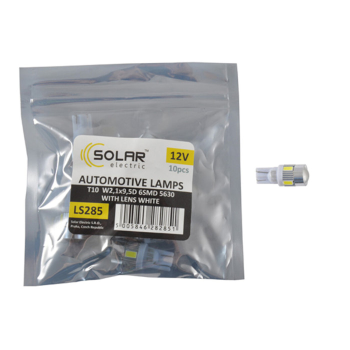 Автолампа Solar LED 12V T10 W2.1x9.5d 6SMD 5630 with lens white 10шт
