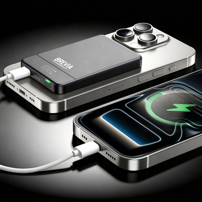 Повербанк (Power Bank) Brevia ePower 5000mAh MagSafe SuperSlim PD20W, Qі15W LCD чорний