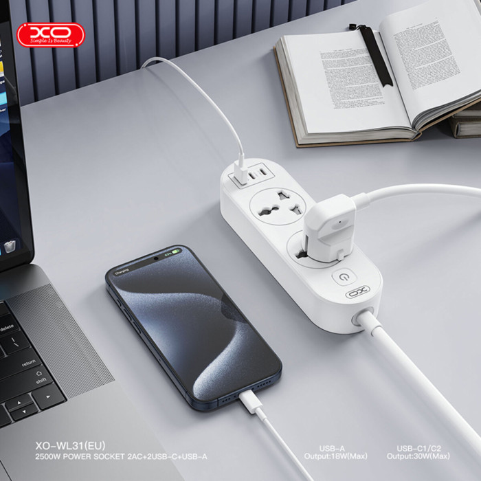 Мережевий фільтр XO WL31 30W (2 розетки +1USB-A+2USB-C) з головними вимикачем 1,5м. білий