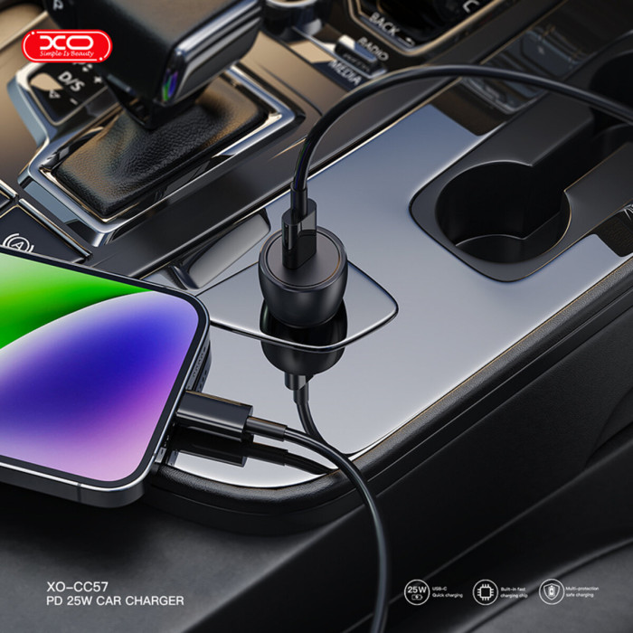 Автомобільний зарядний пристрій XO CC57 PD25W Smart Metal Single C Port+ Lightning кабель чорний