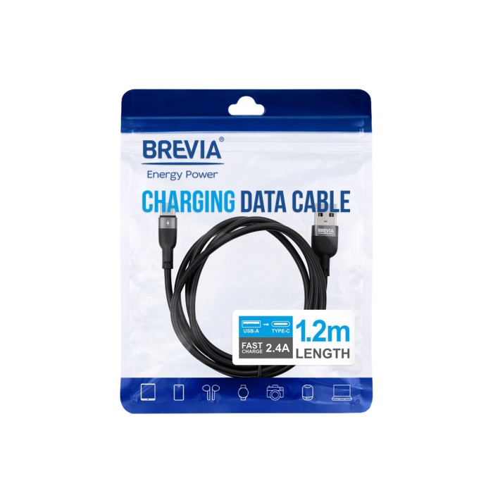 Кабель Brevia USB to Type-C 2,4A 1,2м, чорний ZIP (52120BUCZ1)