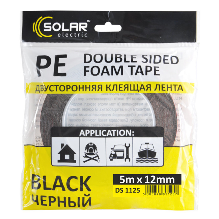Стрічка клеюча двостороння Solar, PE, чорна, 12ммx5м
