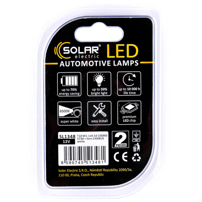 Автолампа Solar LED 12V T10 W2.1x9.5d 10SMD white, 2шт SL1348