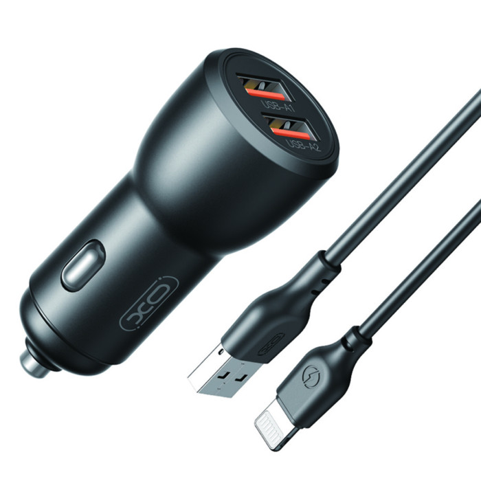 Автомобільний зарядний пристрій XO CC55 QC18W+USB12W + Lightning кабель чорний