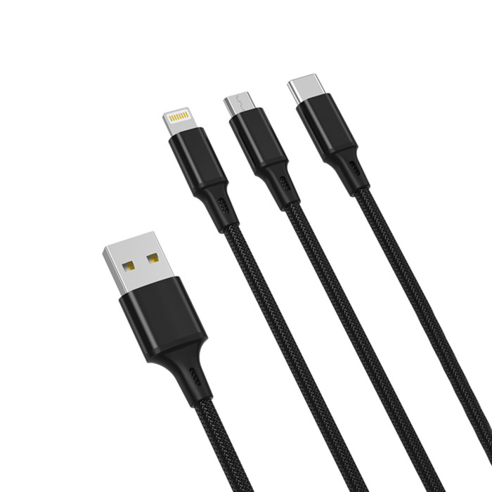 Кабель XO 3in1 USB - Lightning + MicroUSB + Type-C 1.2м, чорний
