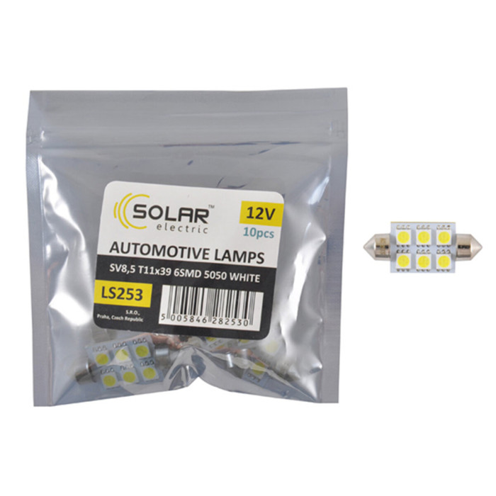 Автолампа Solar LED 12V SV8.5 T11x39 6smd 5050 white 10шт