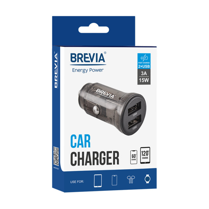 Автомобільний зарядний пристрій Brevia ePower DualDrive 15W 2xUSB-A, прозорий чорний