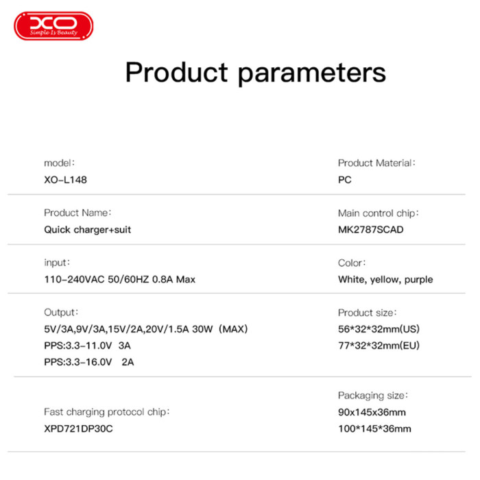 Мережевий зарядний пристрій XO L148 PD30W USB-C білий