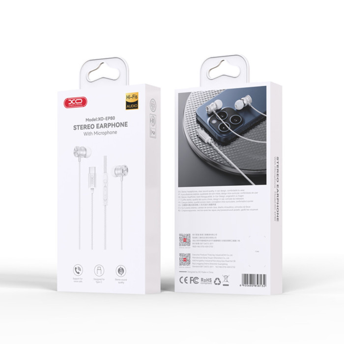 Навушники дротові XO EP80 In ear Type-C білі